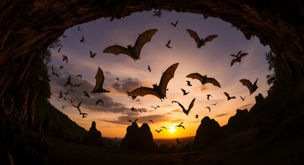 Bats at Sunset: Witness the majestic spectacle as a myriad of bats take flight against the backdrop of a vibrant sunset, their silhouettes dancing across the sky.