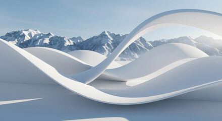 Abstract White Wavy Minimalist Landscape Under Aurora Borealis Sky