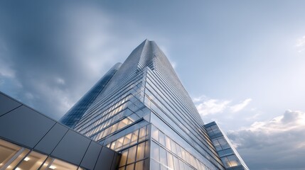 Stunning Modern Skyscraper with Glass Facade Reaching Toward Cloudy Sky at Dusk in Urban Environment