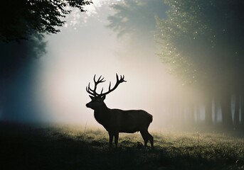 Obraz premium Majestic Stag Silhouette in Ethereal Foggy Forest at Dawn