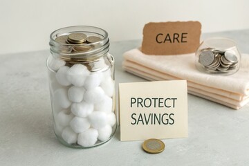 Glass jar filled with cotton balls and coins, labeled 'Protect Savings', with a 'Care' sign in the background