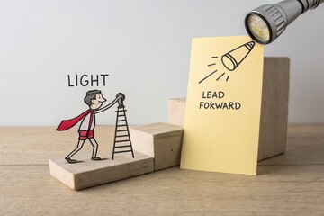 A cartoon figure in a red cape climbs a ladder towards a bright flashlight illuminating a note