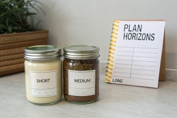 Two labeled jars containing candles and coffee grounds beside a notepad for planning horizons
