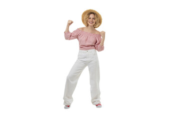 Joyful young woman in a fun outfit, isolated on white, PNG