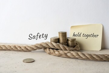 Stacked coins secured with rope and a note emphasizing safety, symbolizing financial stability
