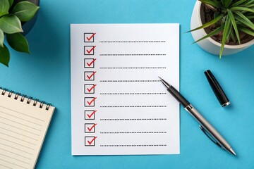 Checklist on a blue background with greenery, pen, and notepad for productivity and planning