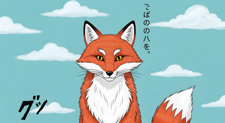 Obraz premium Fox in the Sky: A captivating illustration of a fox with a stern expression against a backdrop of a blue sky with white clouds, exuding an aura of silent confidence and poised watchfulness.