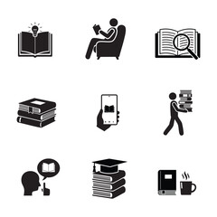 A set of black and white educational icons illustrating reading, books, study, graduation, and daily learning moments.