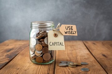 Glass jar filled with coins labeled 'Capital' and 'Use Wisely' on a wooden table, symbolizing savings