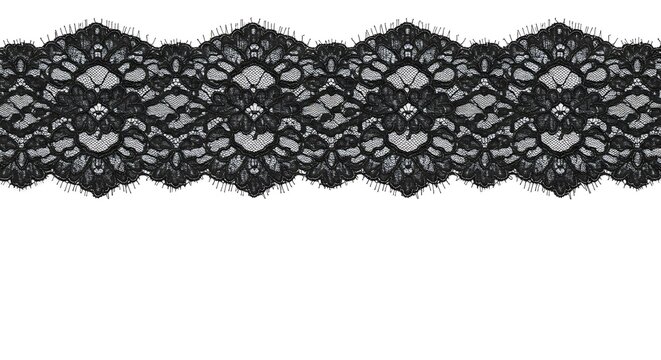 Elegant black lace trim on white background for design elements