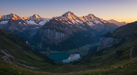 Majestic mountain range landscape with lake and sky illuminated by the setting sun