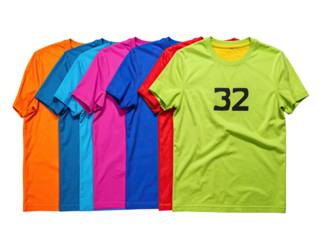 Array of vibrant colored sport t-shirts, one numbered, on a transparent background