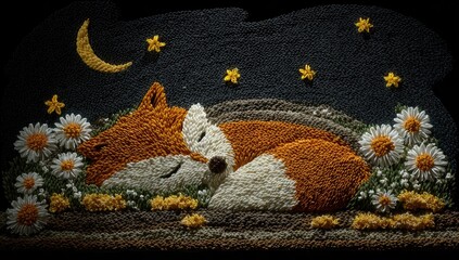 Hand-stitched fox resting amongst wildflowers under a night sky.