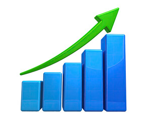 A 3D bar graph with a green arrow showing an upward trend on a black background