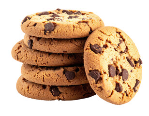 Stack of chocolate chip cookies, golden brown, delicious, close-up, isolated on transparent