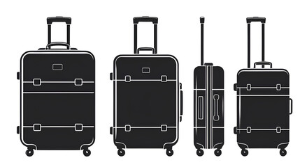 Travel suitcase luggage icon set. Black silhouette of baggage with wheels for vacation journey. Vector graphic illustration isolated. Tourism, trip & business travel concept.