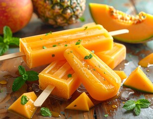 Refreshing fruit popsicles and melon slices on a rustic wooden surface