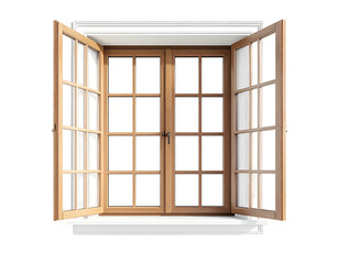Detailed wooden window, open with multiple panes and a white sill, isolated on black