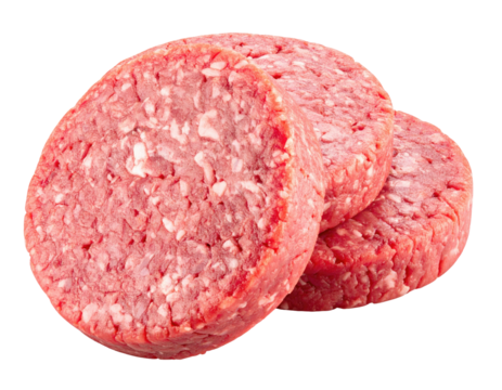 Three raw, circular patties of ground meat. Isolated on a transparent background