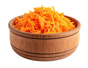 A wooden bowl filled with freshly grated, vibrant orange vegetable shreds