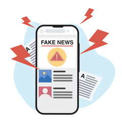 Fake news on a media website. There's an illustration of a megaphone outside a cell phone. Stock Illustration