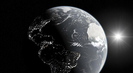 Planet Earth from Space at Night with City Lights and Sunrise Over Clouds