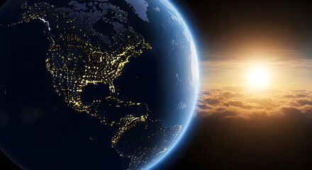 Planet Earth from Space at Night with City Lights and Sunrise Over Clouds