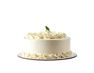 Simple, round frosted cake with decorative frosting and a leaf on a dark background