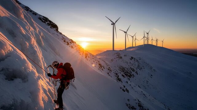 climber ascends steep ice-covered mountain face equipped with helmet red jacket and ice axe A breathtaking sunset casts an orange glow illuminating wind turbines on distant snowy ridge