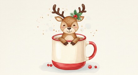 Festive reindeer in a cozy mug watercolor illustration for holiday designs