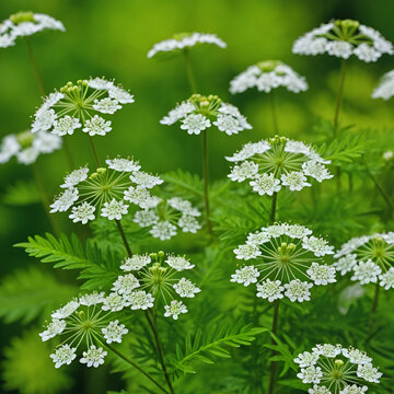 Inflorescence of a herb of Hemlock or Poison Hemlock Conium maculatum close up. herbals.texture. background