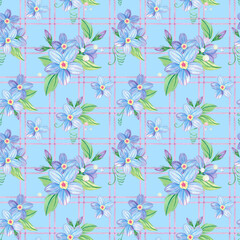 Seamless blue flower and green leaf pattern on checked background, dew, pearl, bubble. Forget-me-not endless backdrop. Hand drawn floral watercolor repeating illustration for textile, wrapping