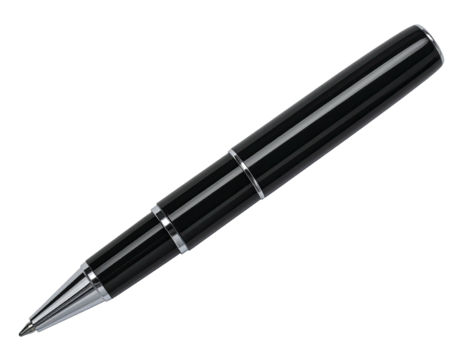 Gleaming black rollerball pen with silver accents, isolated against a black backdrop