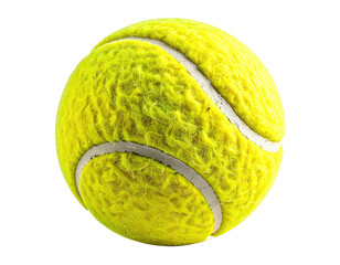 Close-up of a fuzzy, vibrant yellow sphere with white seams, isolated on black