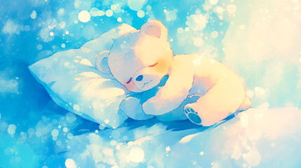 雪の中で気持ちよさそうに眠るシロクマの子どもの水彩イラスト