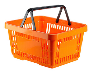 Bright orange plastic shopping basket with black handle, isolated on black