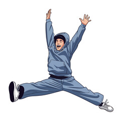 2D flat vector illustration of a gilpy teenage boy leaping into the air performing a dramatic split jump