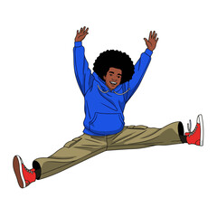 2D flat vector illustration of a gilpy teenage boy leaping into the air performing a dramatic split jump