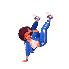 2D flat vector illustration of a gilpy teenage girl in sporty street outfit spinning backward on her shoulders with legs kicking in the air
