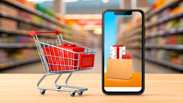 Shopping cart with red boxes and smartphone showing online shopping concept in supermarket
