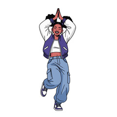 2D flat vector illustration of a gilpy teenage girl with pigtails and bomber jacket, clapping hands above her head while stepping side to side