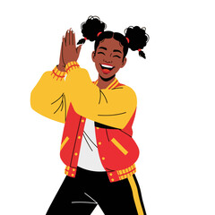 2D flat vector illustration of a gilpy teenage girl with pigtails and bomber jacket, clapping hands above her head while stepping side to side