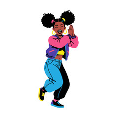 2D flat vector illustration of a gilpy teenage girl with pigtails and bomber jacket, clapping hands above her head while stepping side to side