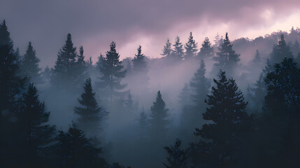 A misty forest at dusk, tall pines shrouded in fog, evoking a sense of mystery and quiet solitude.