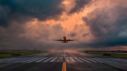 An airplane taking off into a dramatic sky from an airport runway.