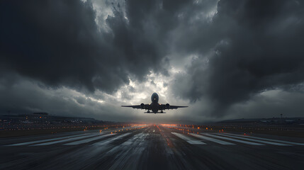 An airplane taking off into a dramatic sky from an airport runway.