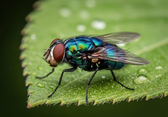 Iridescent green bottle fly with red eyes rests on a dew kissed leaf