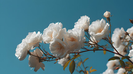Blooming white roses against a clear blue sky, embodying delicate springtime beauty.