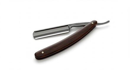 Vintage Straight Razor with Dark Wood Handle on White Background.