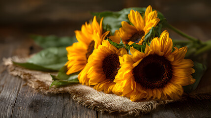 Rustic close-up of sunflower arrangement on a wooden surface with warm natural light.